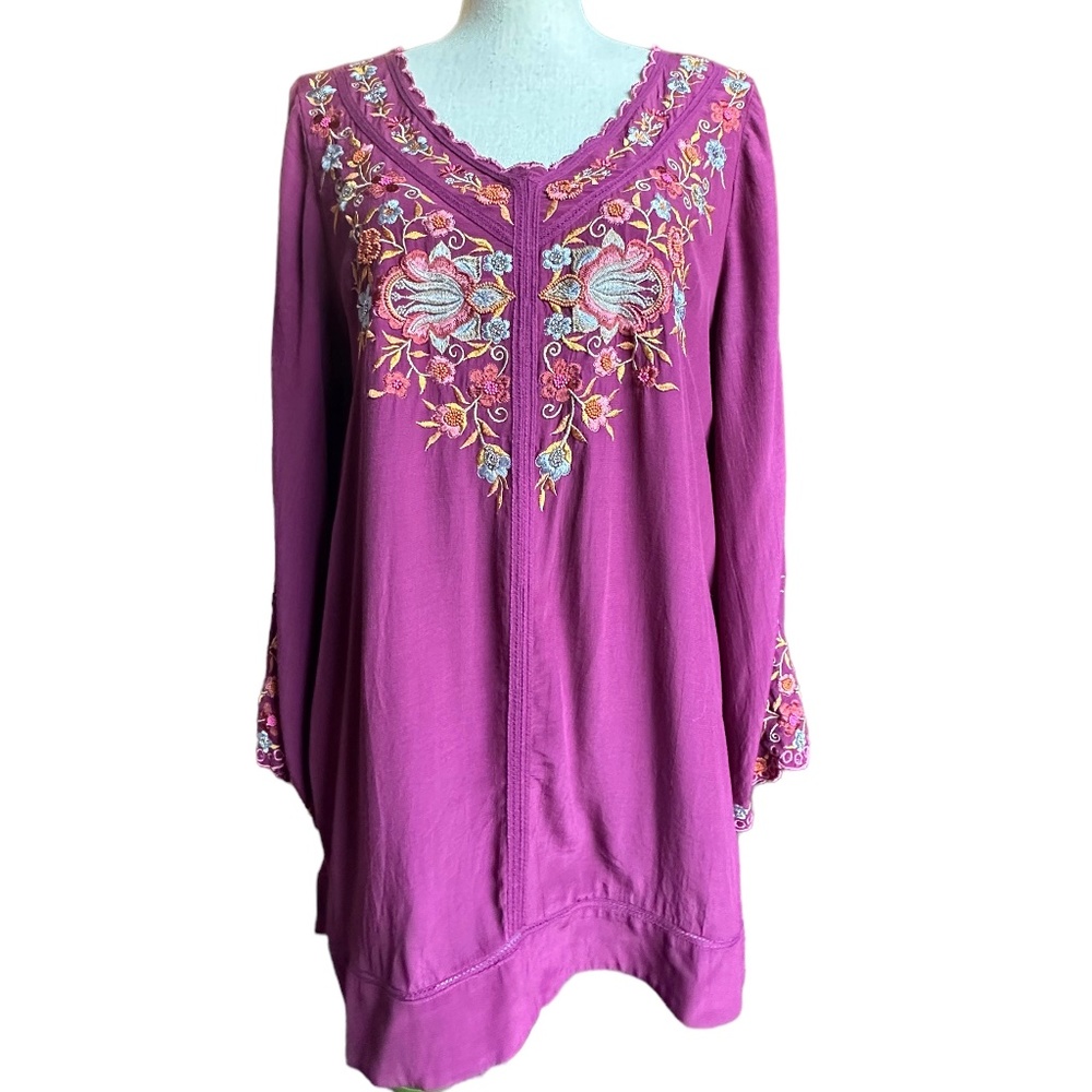 Soft Surroundings Pink Beaded Embroidered Boho Blouse Sz M - Picture 4 of 10